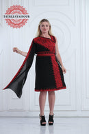 Slanted Shoulder Embroidered Short Dress – Black and Red