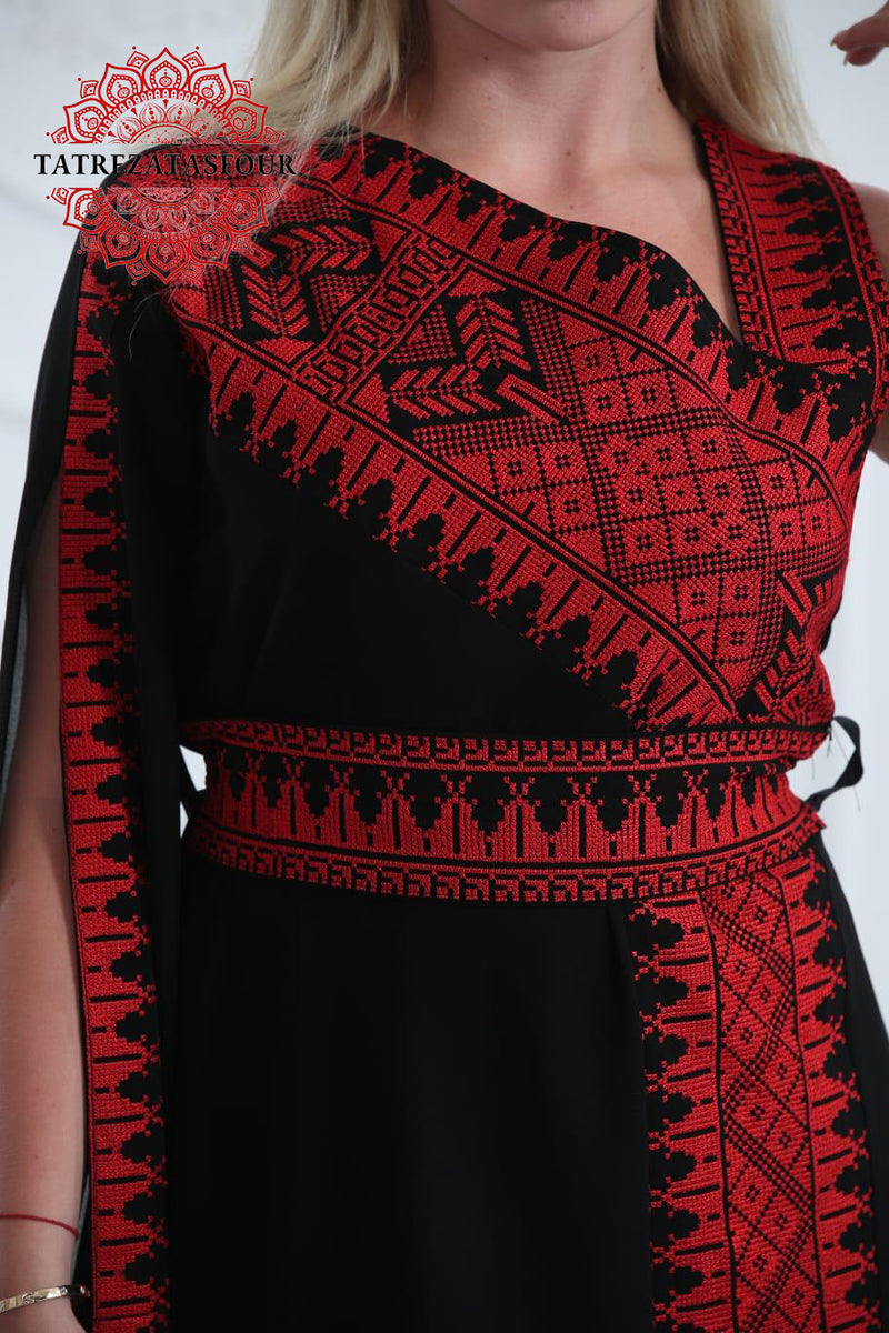 Slanted Shoulder Embroidered Short Dress – Black and Red