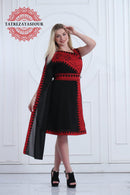 Slanted Shoulder Embroidered Short Dress – Black and Red