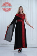 Slanted Shoulder Embroidered Dress – Black and Red