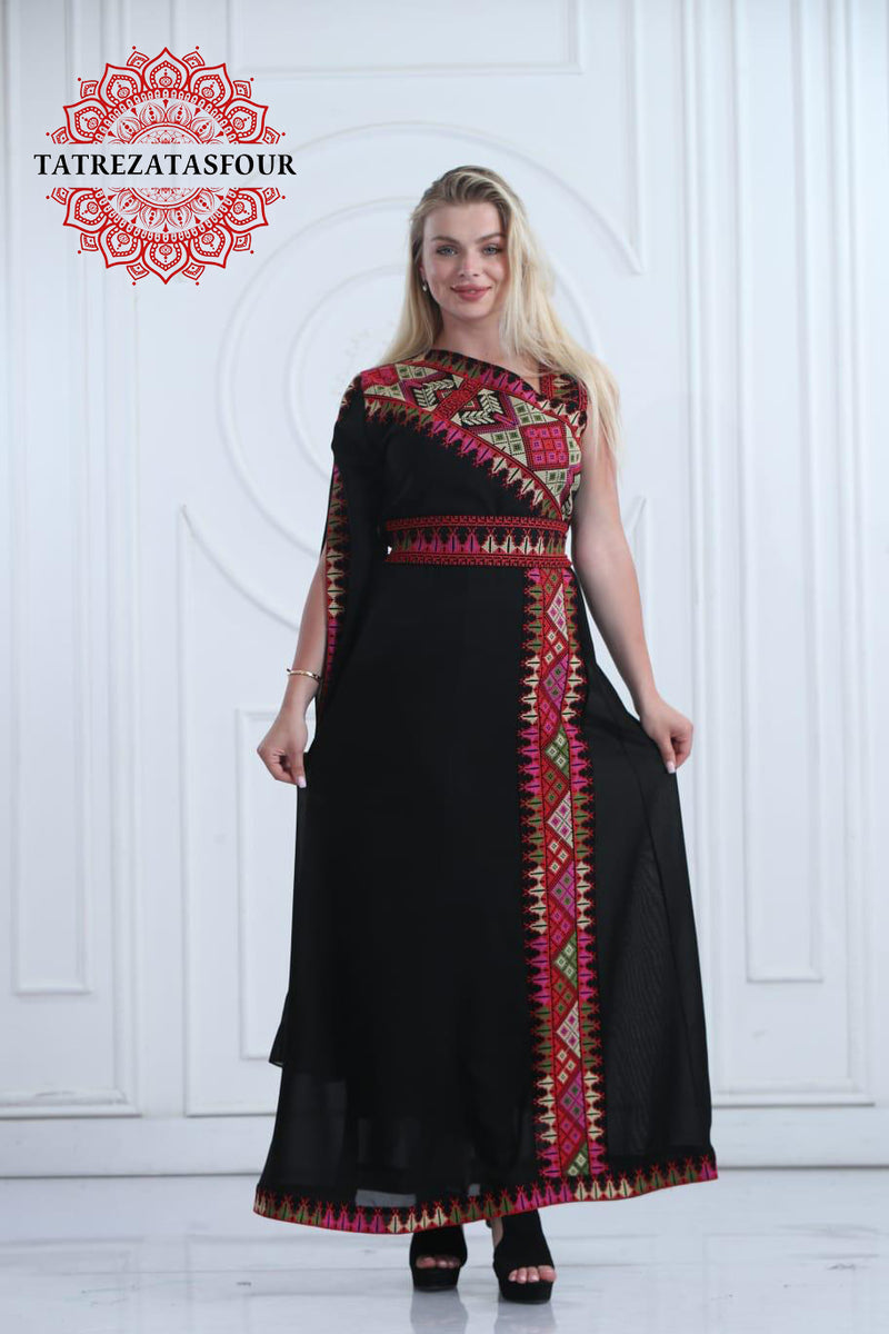 Slanted Shoulder Embroidered Dress – Black and Colors