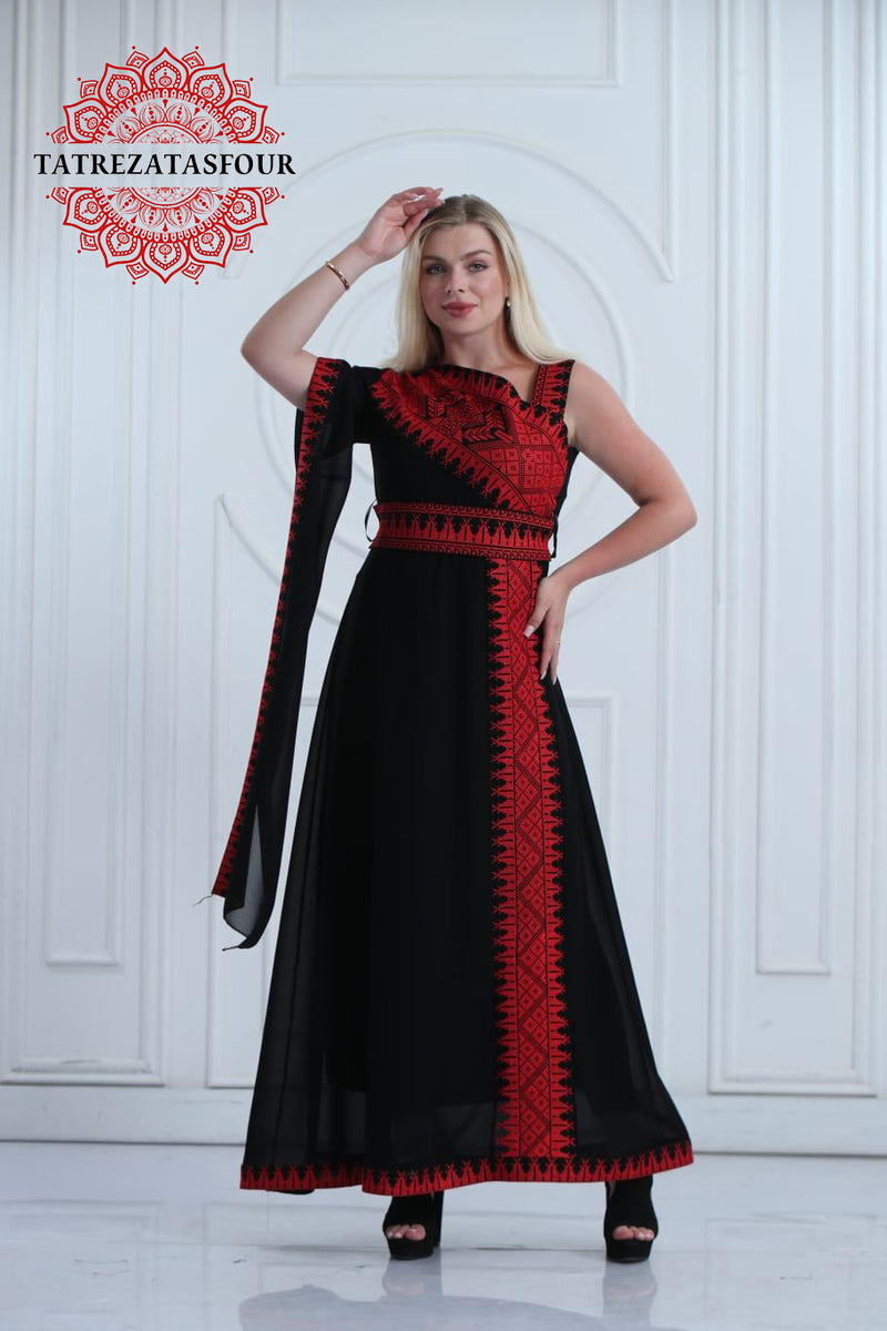 Slanted Shoulder Embroidered Dress – Black and Red