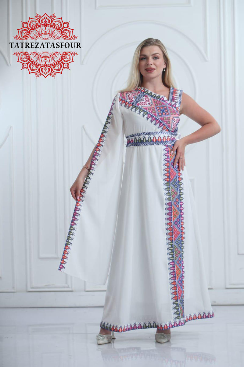 Slanted Shoulder Embroidered Dress – White and Blue