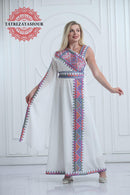 Slanted Shoulder Embroidered Dress – White and Blue