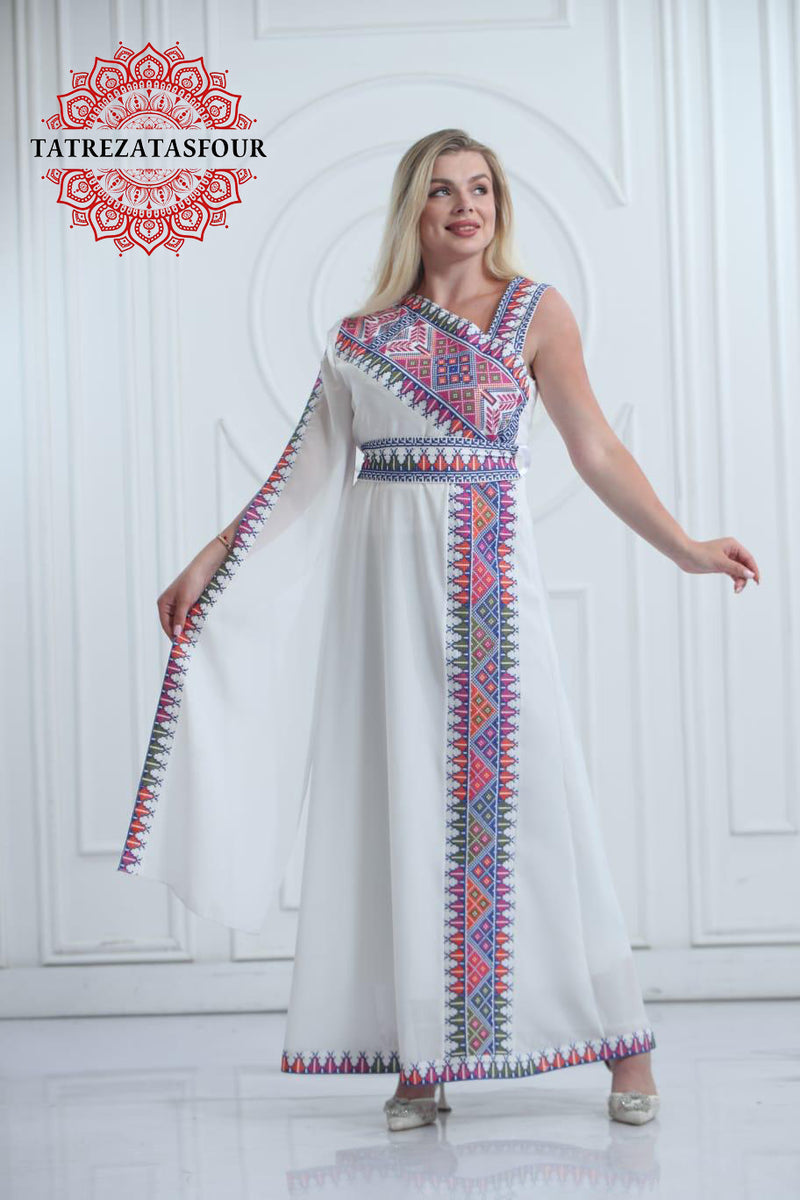 Slanted Shoulder Embroidered Dress – White and Blue