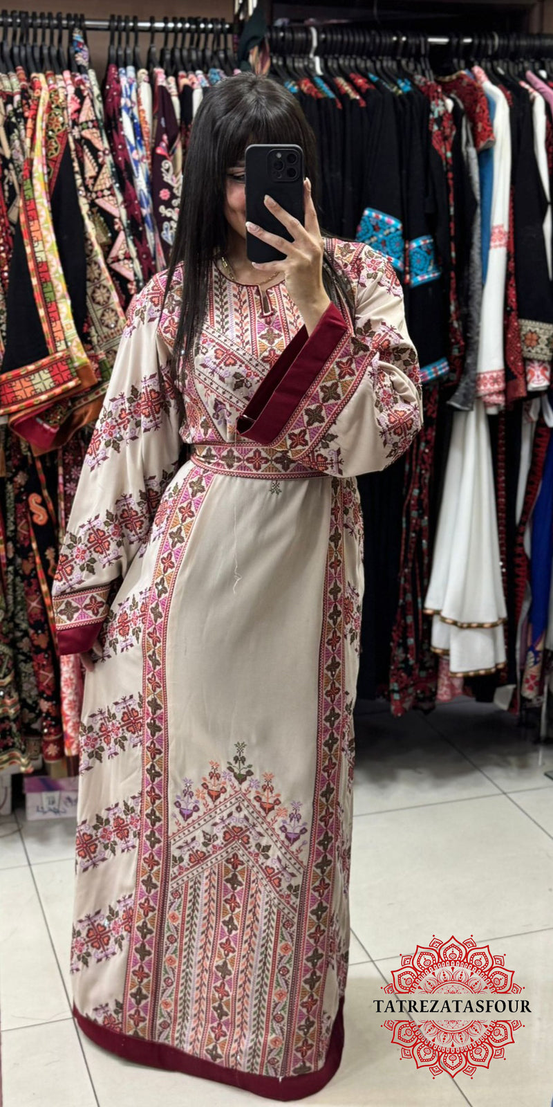 Princess Thobe – Classic Beige With Burgundy Embroidery