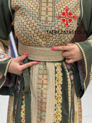 Luxurious Olive Green Thobe with Exquisite Gold Cane Embroidery