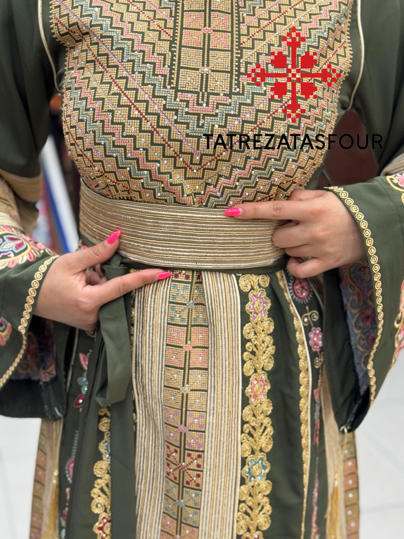 Luxurious Olive Green Thobe with Exquisite Gold Cane Embroidery