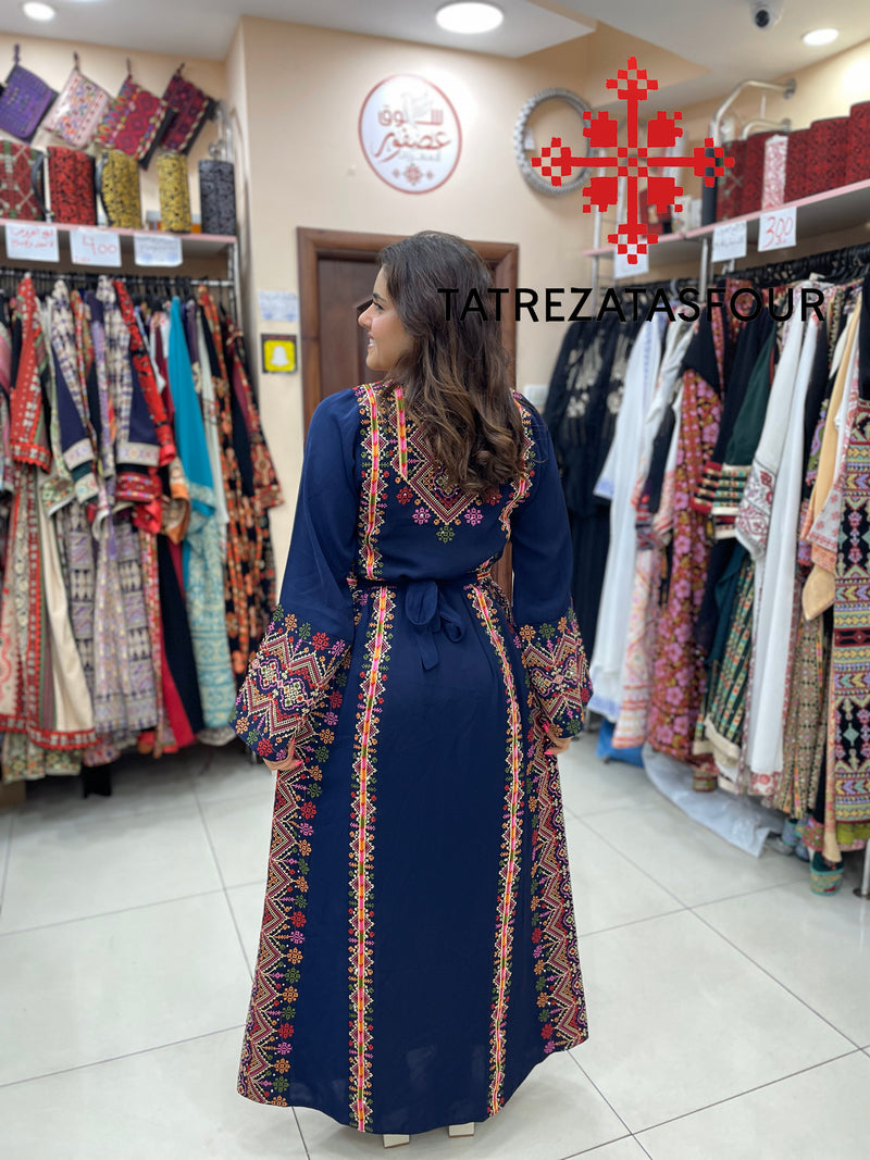 Palestinian Manajel Navy Blue Thobe with Gold Embroidery