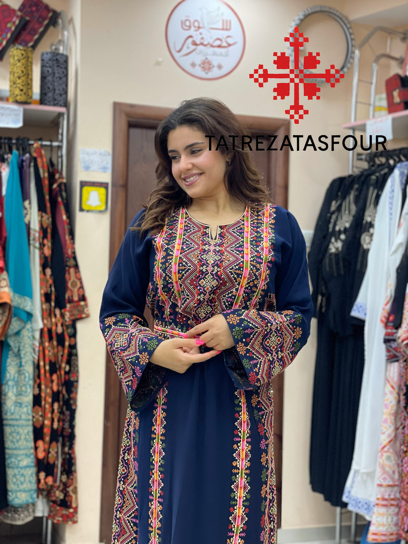 Palestinian Manajel Navy Blue Thobe with Gold Embroidery