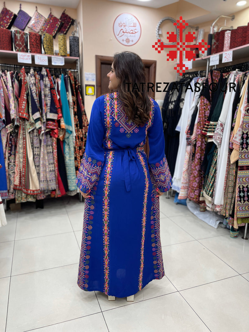 Palestinian Manajel Blue Thobe with Gold Embroidery