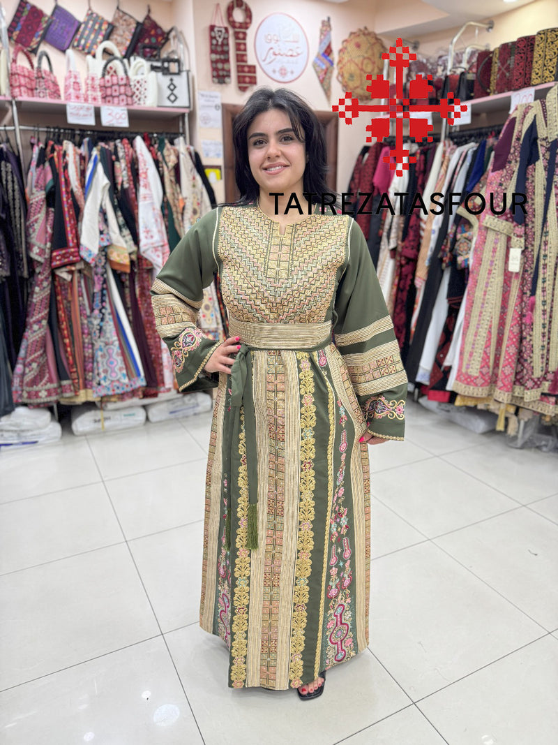 Luxurious Olive Green Thobe with Exquisite Gold Cane Embroidery