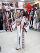 Palestinian White Thobe with Burgundy Embroidery