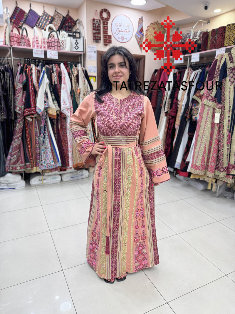 Luxurious Blush Peach Thobe With Exquisite Purple Cane Embroidery