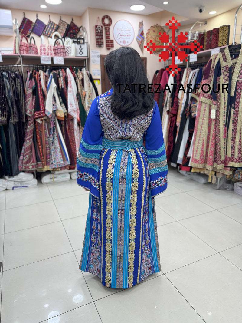 Luxurious Blue Thobe With Gold Exquisite Cane Embroidery