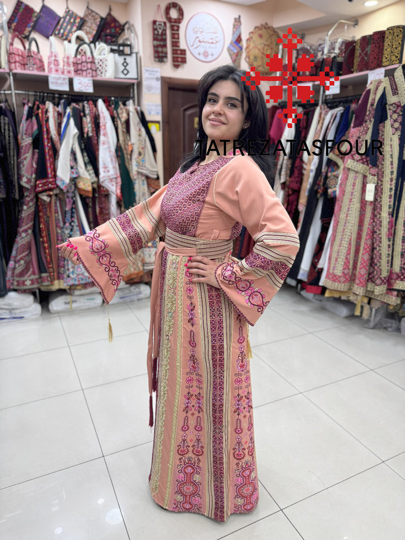 Luxurious Blush Peach Thobe With Exquisite Purple Cane Embroidery