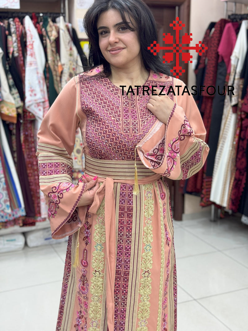 Luxurious Blush Peach Thobe With Exquisite Purple Cane Embroidery