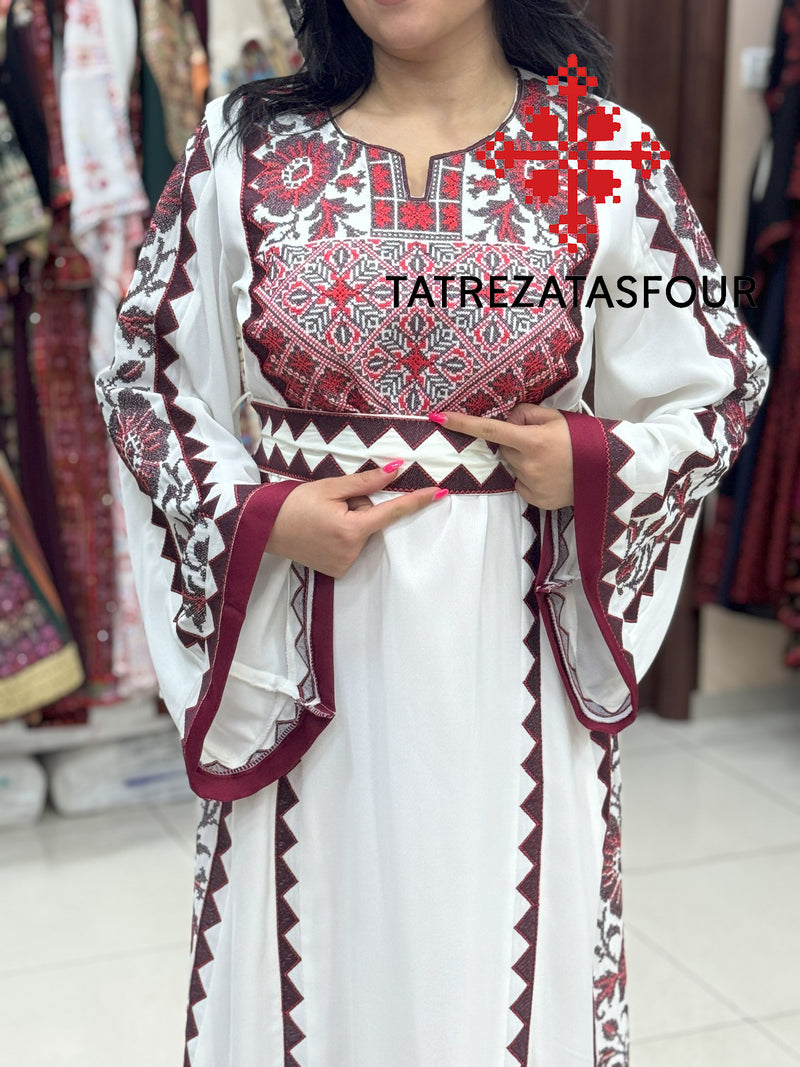 Palestinian White Thobe with Burgundy Embroidery