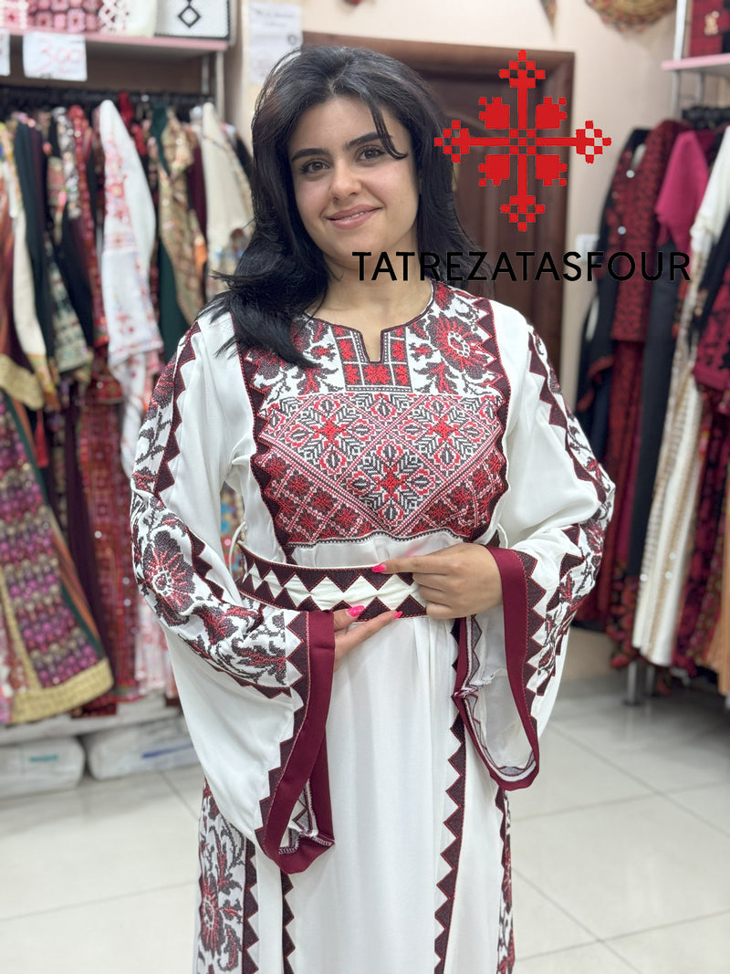 Palestinian White Thobe with Burgundy Embroidery