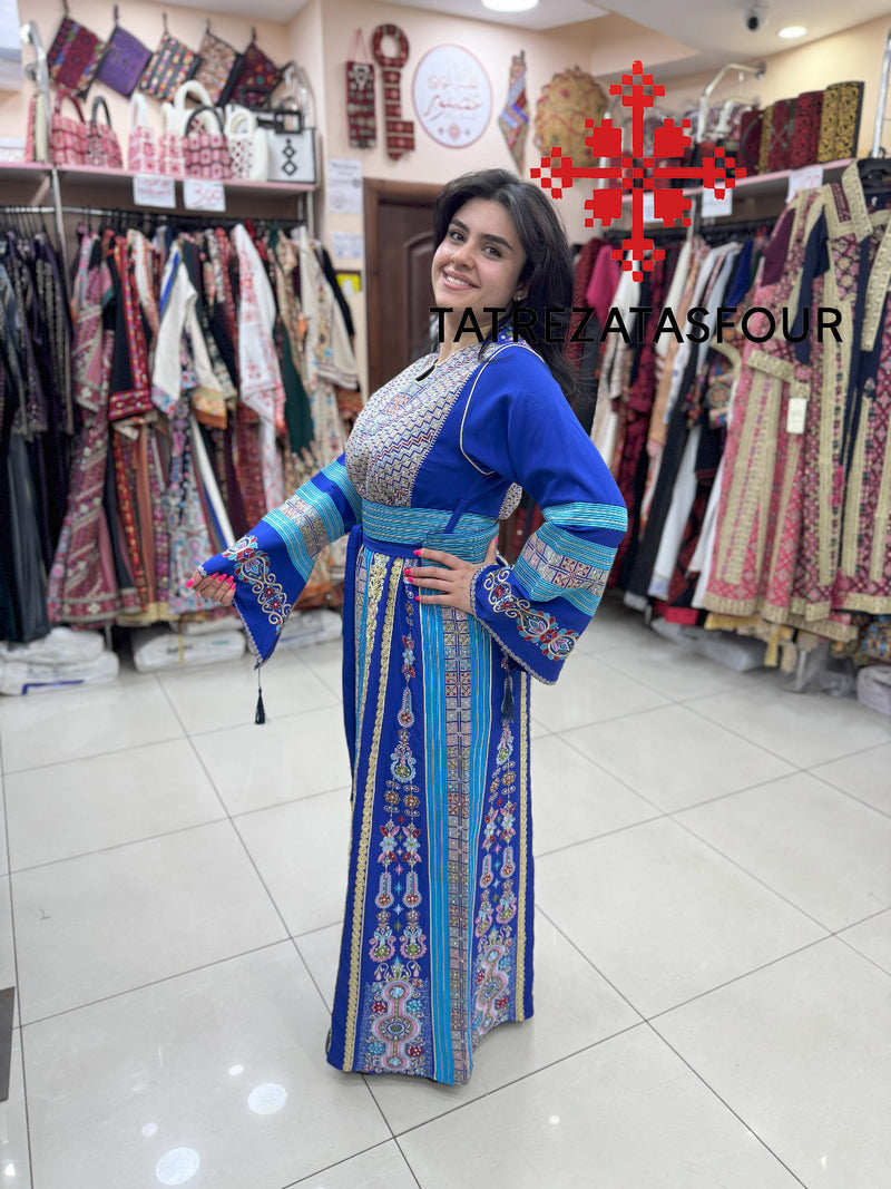 Luxurious Blue Thobe With Gold Exquisite Cane Embroidery
