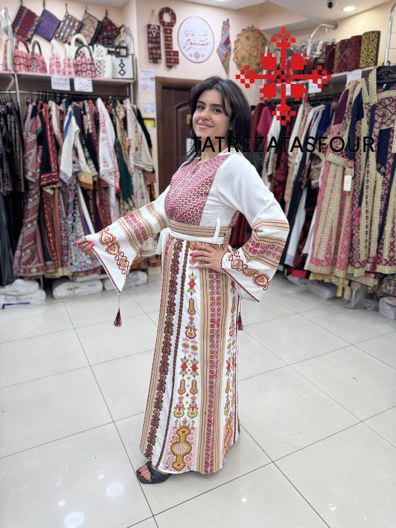 Luxurious White Thobe with Red Exquisite Cane Embroidery