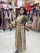 Luxurious Olive Green Thobe with Exquisite Gold Cane Embroidery