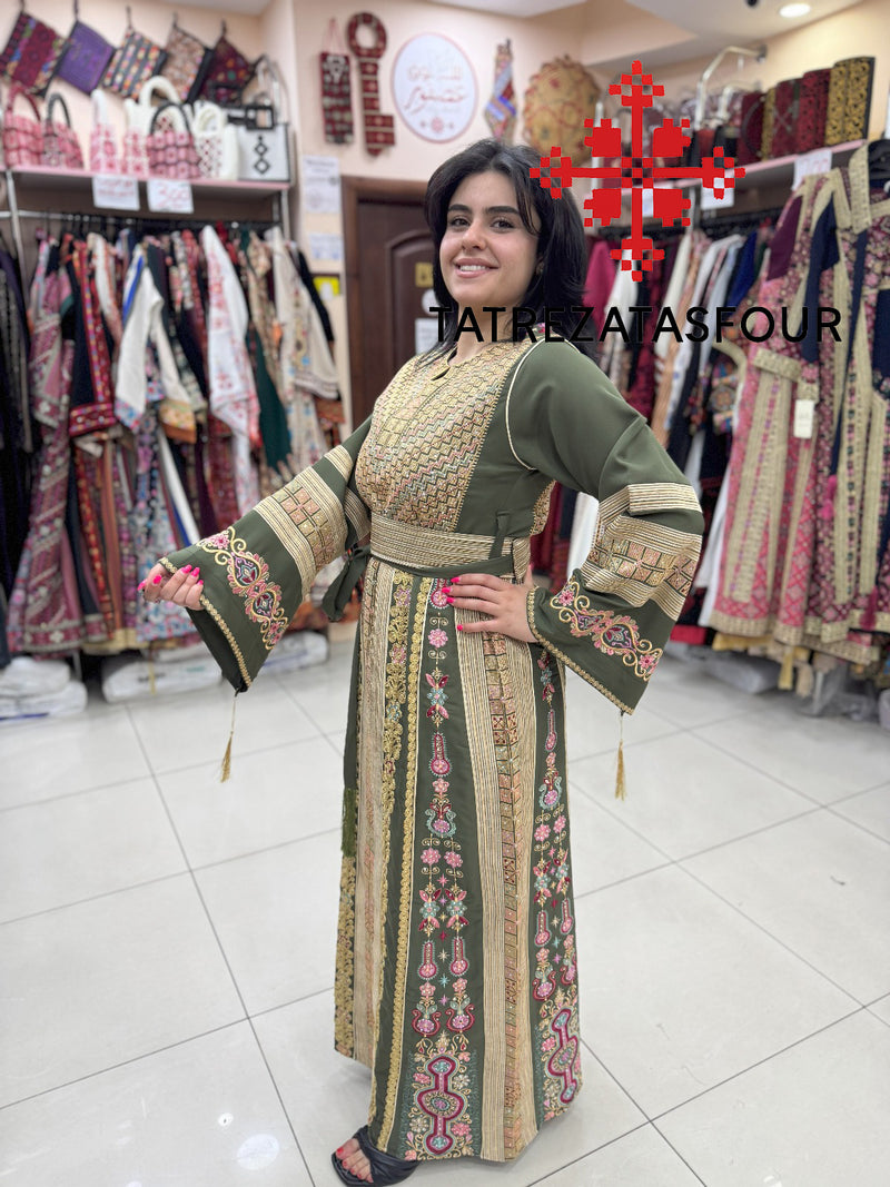 Luxurious Olive Green Thobe with Exquisite Gold Cane Embroidery