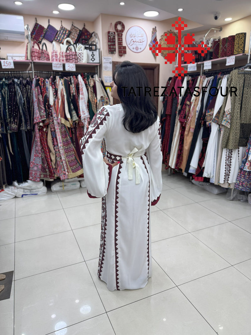 Palestinian White Thobe with Burgundy Embroidery