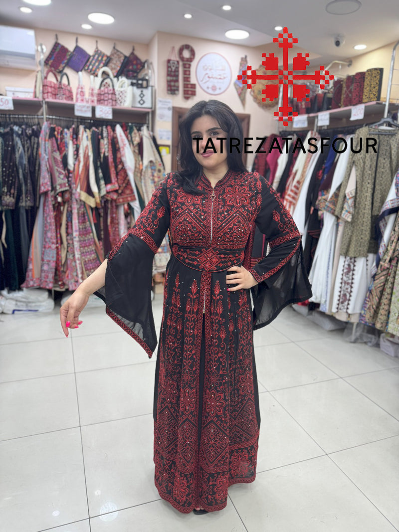 Embroidered Chiffon Dress with Lycra - Black and Red Stitching