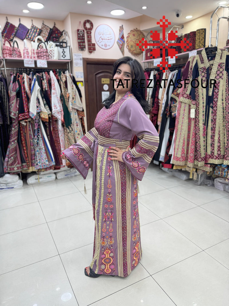 Luxurious Soft Mauve Thobe with Purple Exquisite Cane Embroidery
