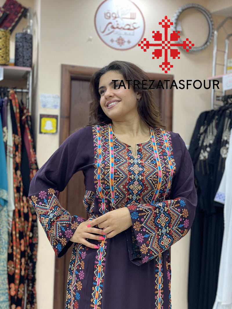 Palestinian Manajel Purple Thobe with Gold Embroidery