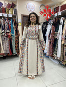 Palestinian Manajel beige Thobe with Olive Green Embroidery