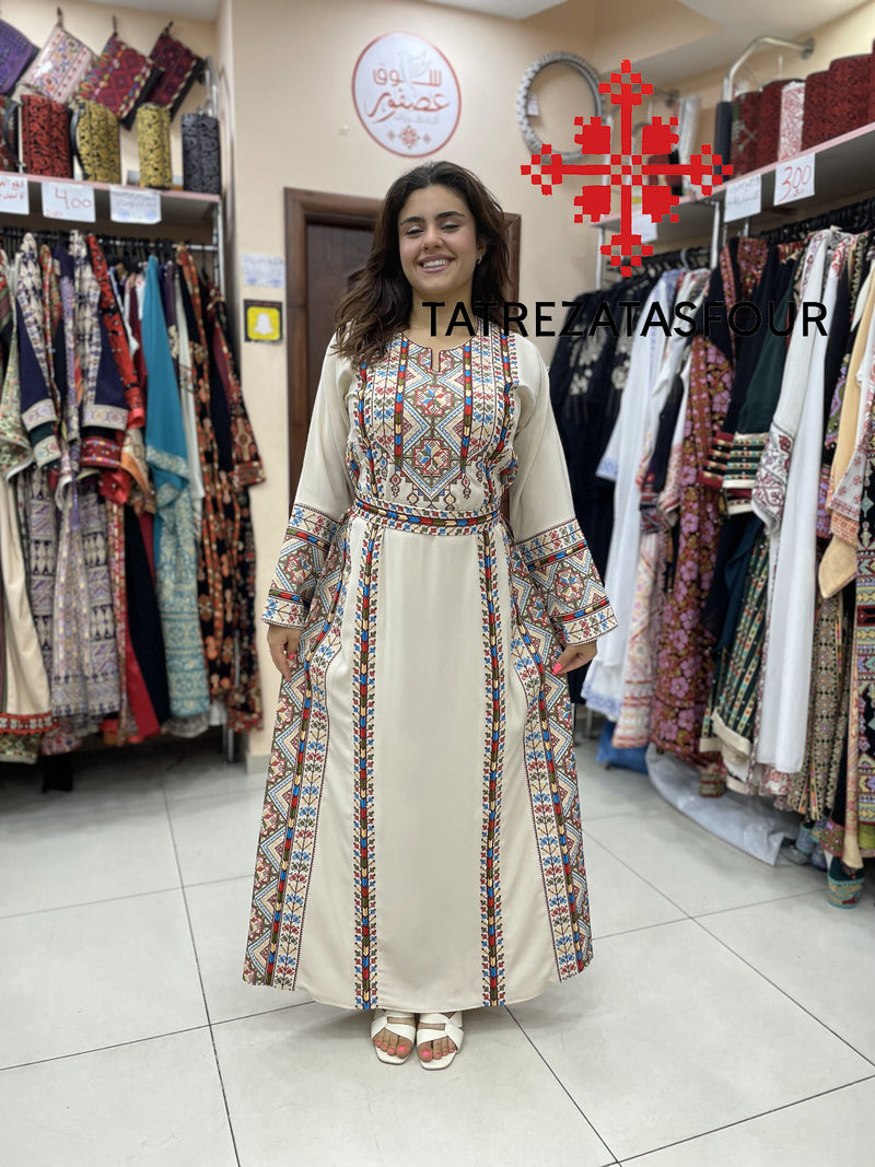 Palestinian Manajel beige Thobe with Olive Green Embroidery