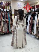 Palestinian Manajel beige Thobe with Olive Green Embroidery