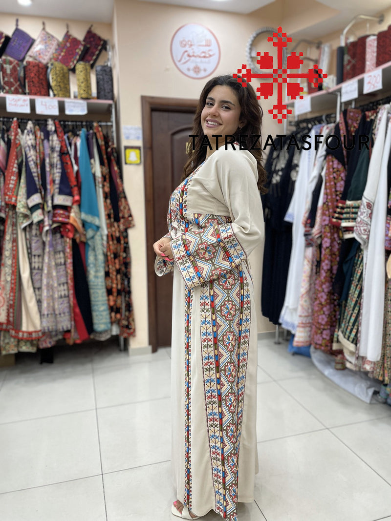 Palestinian Manajel beige Thobe with Olive Green Embroidery