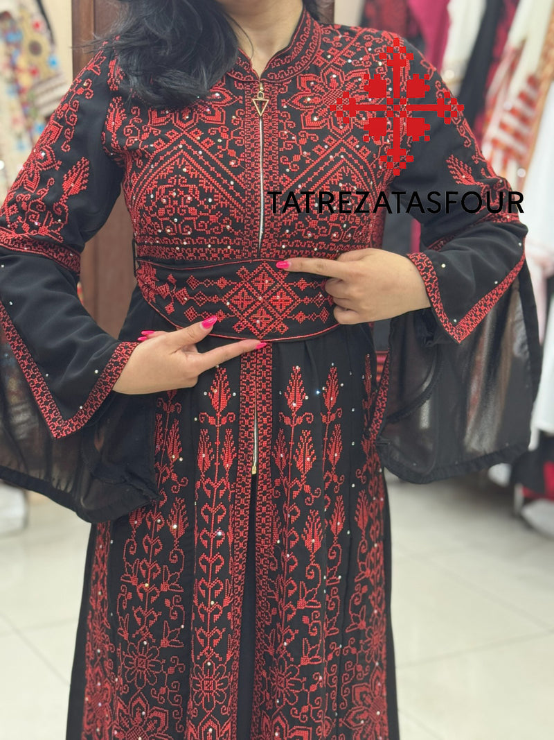 Embroidered Chiffon Dress with Lycra - Black and Red Stitching