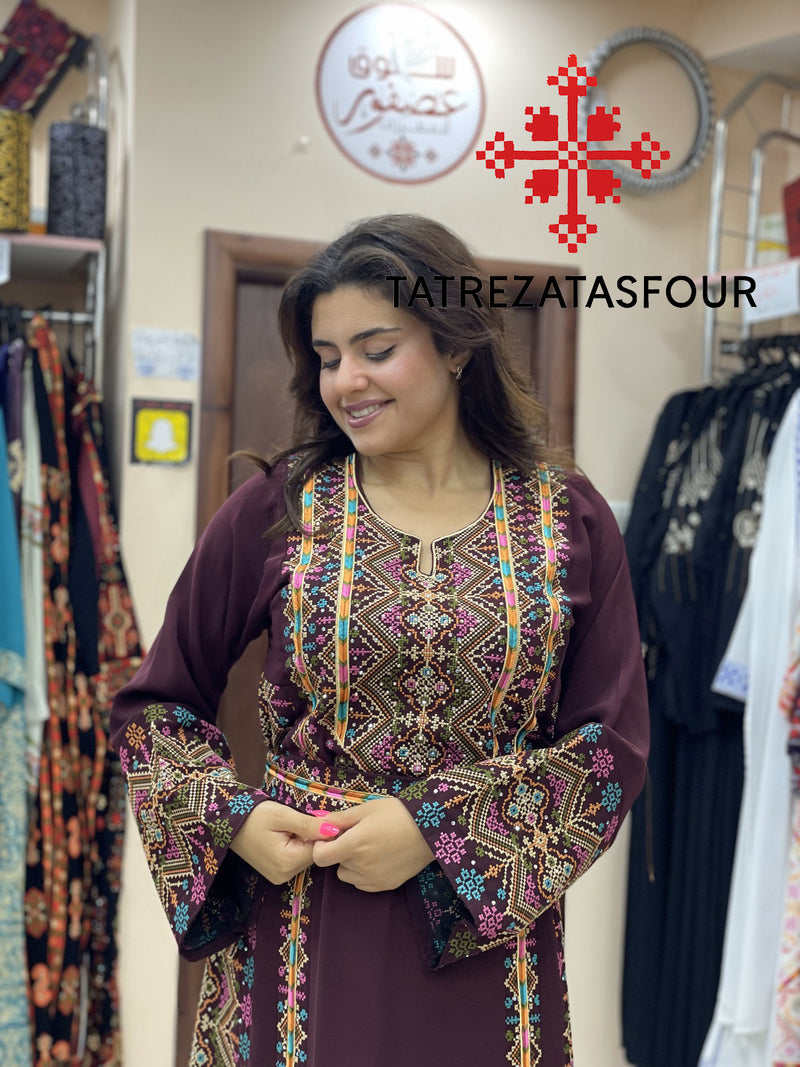Palestinian Manajel Burgundy Thobe with Gold Embroidery