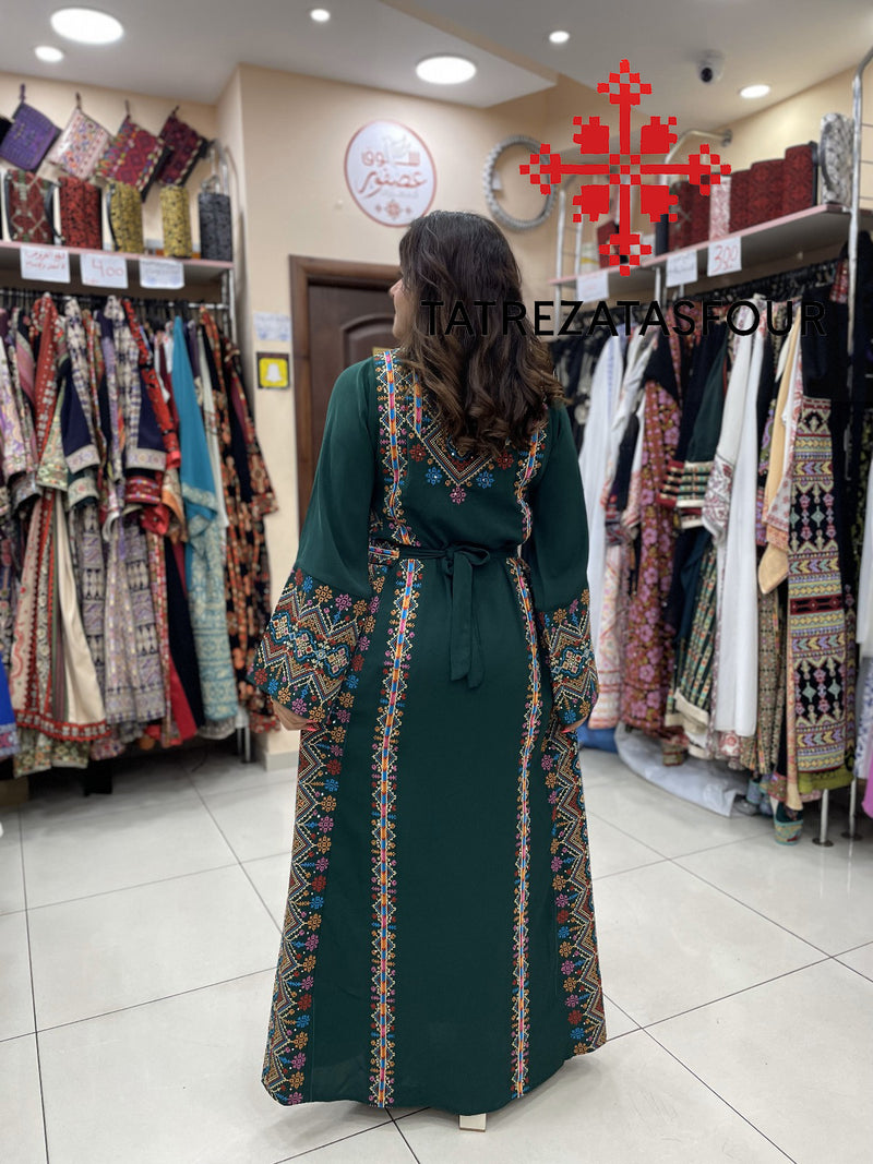 Palestinian Manajel Olive Green Thobe with Gold Embroidery