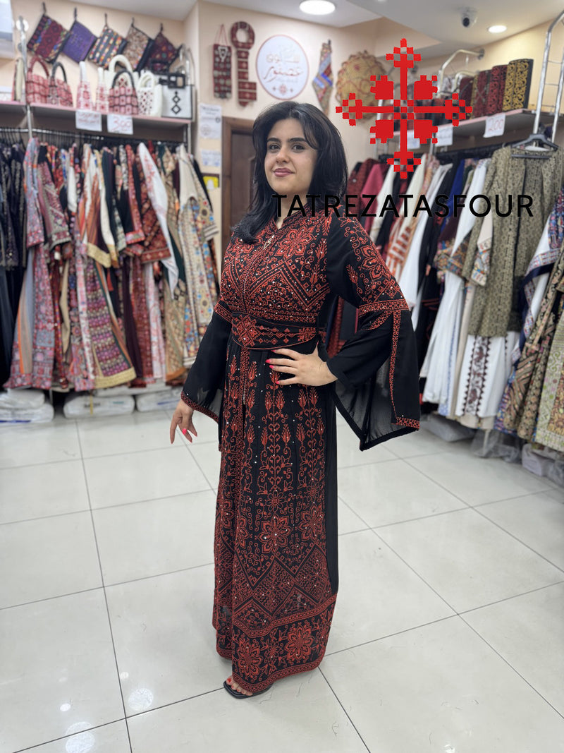 Embroidered Chiffon Dress with Lycra - Black and Red Stitching