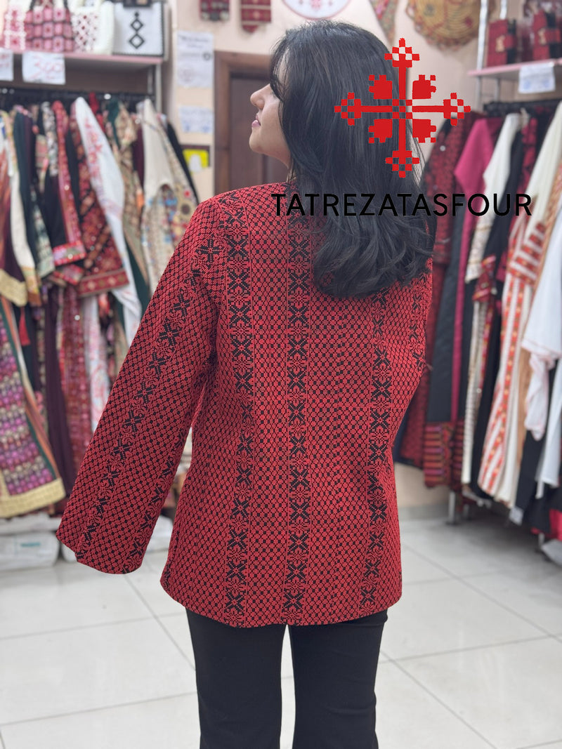 Fully Embroidered Black Jacket with Red Thread