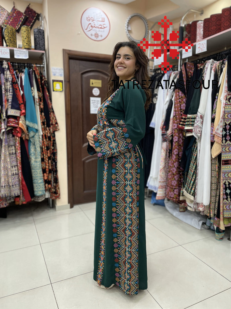 Palestinian Manajel Olive Green Thobe with Gold Embroidery