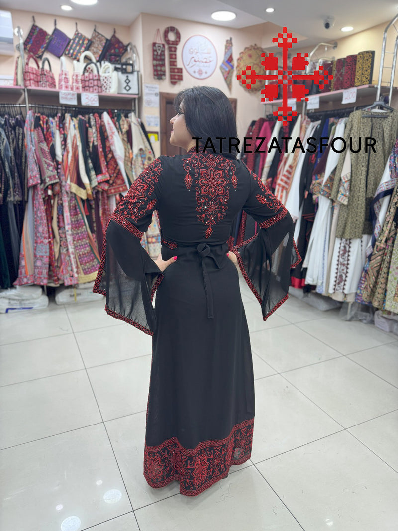Embroidered Chiffon Dress with Lycra - Black and Red Stitching