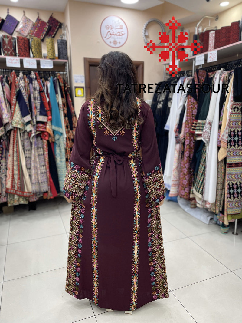 Palestinian Manajel Burgundy Thobe with Gold Embroidery