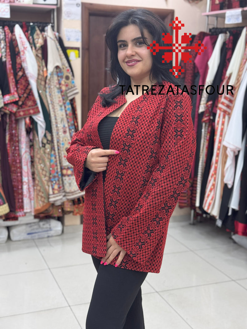 Fully Embroidered Black Jacket with Red Thread