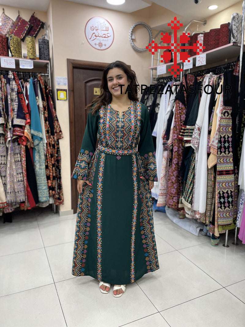 Palestinian Manajel Olive Green Thobe with Gold Embroidery