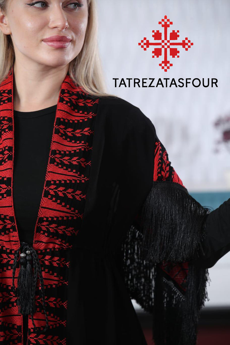 Embroidered Black Fringe Jacket with Red stitching