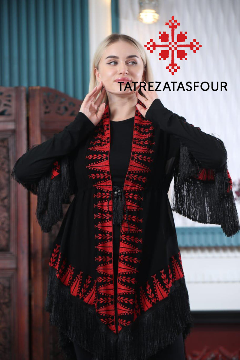 Embroidered Black Fringe Jacket with Red stitching