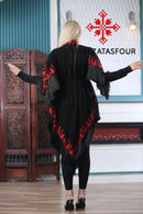 Embroidered Black Fringe Jacket with Red stitching