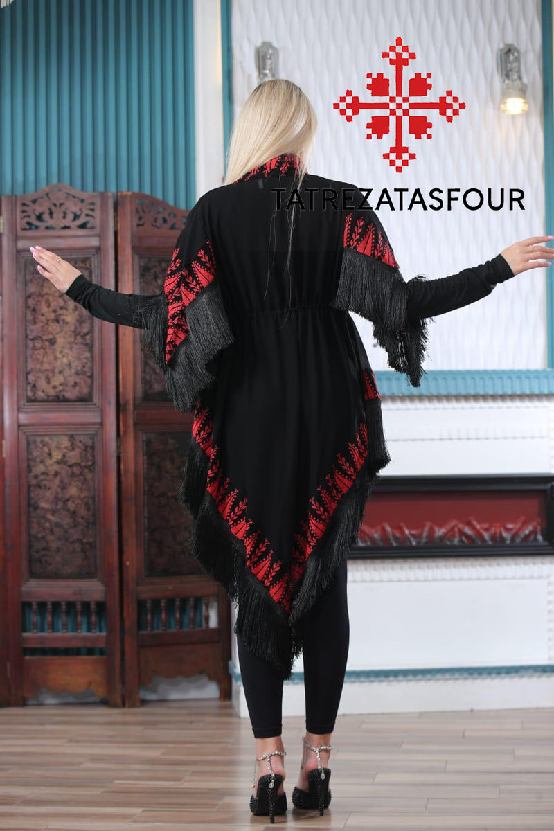 Embroidered Black Fringe Jacket with Red stitching