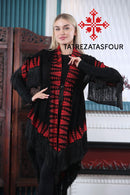 Embroidered Black Fringe Jacket with Red stitching